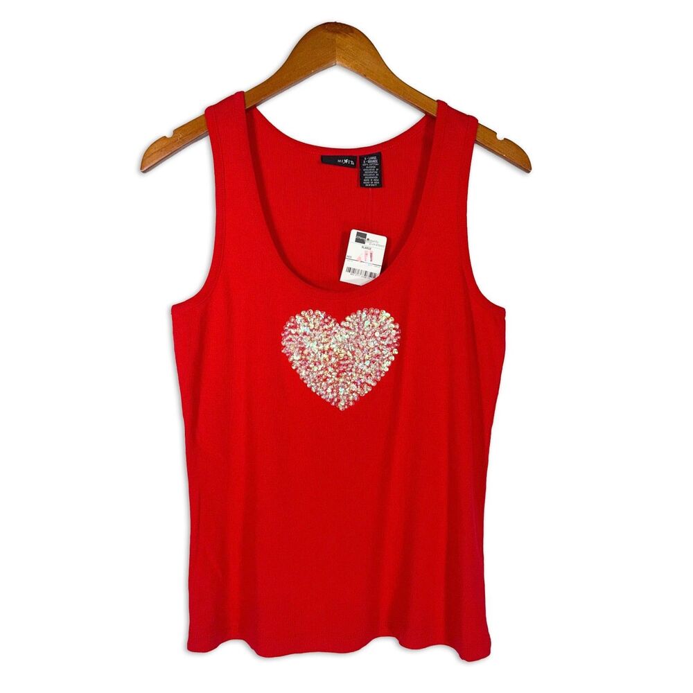 Y2K Mixit Red Sequin Heart Tank Top NWT Ribbed Cotton Deadstock XL